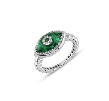 Green Evil Eye Beaded Gold Ring with Diamond and Savory Stone - Divine Eye