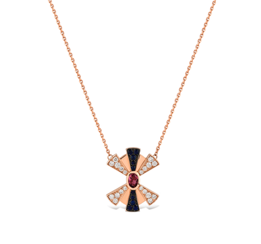 Gold Necklace with Diamond, Blue Sapphire and Pink Tourmaline Stones - Lotus Awakening