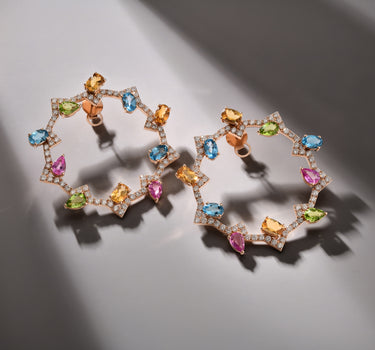 Multicolored and Diamond Stone Double Design Gold Earrings - Color Dream