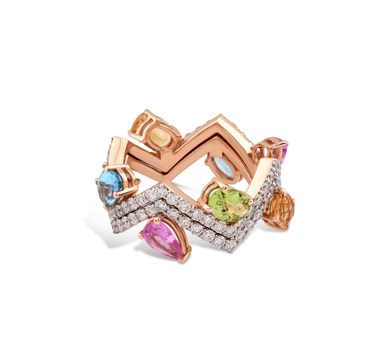 Multicolored and Diamond Stone Double Design Gold Ring - Color Dream