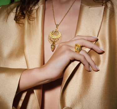 Egyptian Mythology, Yellow Matte Gold Necklace with Diamond Stone - Cosmic Sound Isis &amp; Osiris