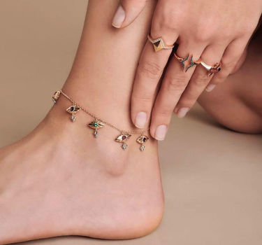 Safir,Zümrüt ve Yakut Taşlı Nazar Boncuğu Altın Halhal - Diversity