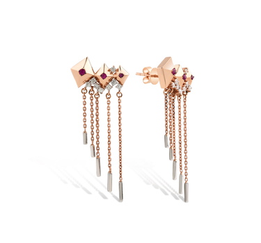 Yakut ve Pırlanta Taşlı Sallantılı Tek Altın Küpe - Madison