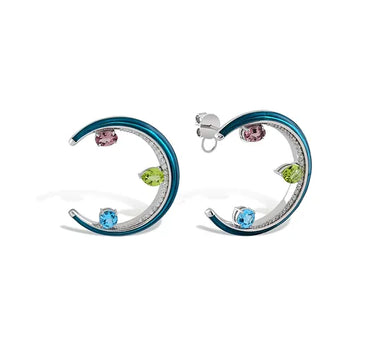 Multicolored, Blue Topaz, Green Peridot, Tourmaline and Diamond Blue Enamel Hoop Gold Earrings - Large Ferris
