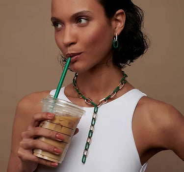 Gold Necklace with Malachite and Diamond Stones - Green Ocean Collection