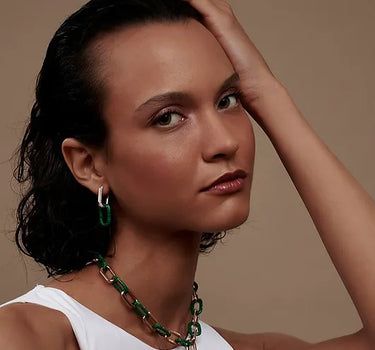 Gold Earrings with Malachite and Diamond Stones - Green Ocean Collection