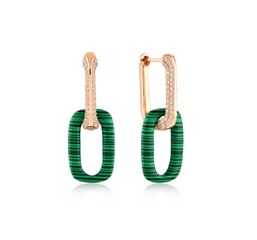 Gold Earrings with Malachite and Diamond Stones - Green Ocean Collection