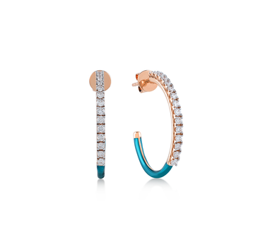Gold Hoop Earrings with Blue Enamel and Diamond Stones - Life Goes On
