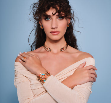 Gold Earrings with Coral, Turquoise, Citrine and Diamond Stones - Blooming Lotus