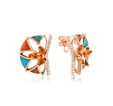 Gold Earrings with Coral, Turquoise, Citrine and Diamond Stones - Blooming Lotus
