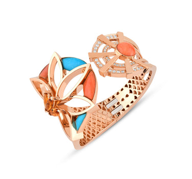 Mercan,Turkuaz,Sitrin ve Pırlanta Taşlı Altın Kelepçe - Blooming Lotus