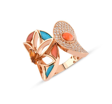 Coral, Turquoise, Citrine and Diamond Gold Ring - Blooming Lotus