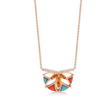 Gold Necklace with Coral, Turquoise, Diamond and Citrine Stones - Blooming Lotus