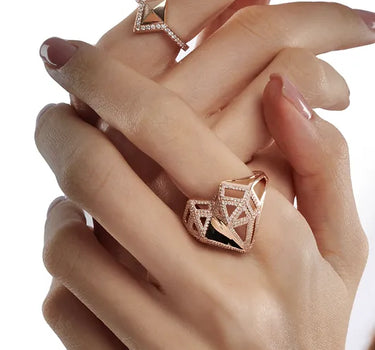 Geometric Large Heart Gold Ring with Diamond Stone - Lover Collection