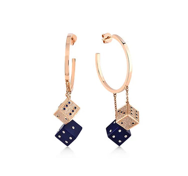 Gold Dangle Dice Earrings with Diamond, Blue Sapphire and Lapis Lazuli Stones - Lucky Lapis Collection