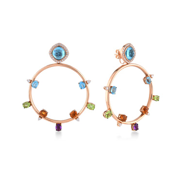 Gold Hoop Earrings with Blue Topaz (4.71 ct), Amethyst, Citrine, Green Peridot and Diamond Stones - Morocco