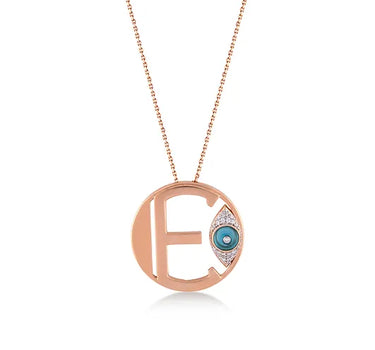 Letter E, Diamond Stone and Large Evil Eye Beaded Gold Necklace - Me Collection