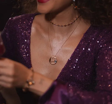 Letter E, Diamond Stone and Large Evil Eye Beaded Gold Necklace - Me Collection