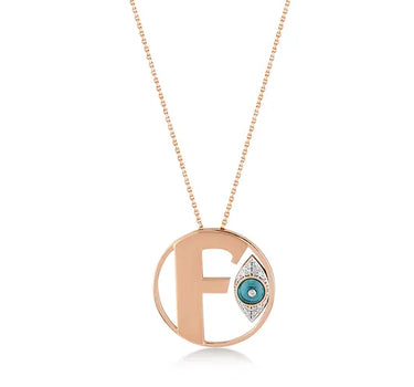 Letter F, Diamond Stone and Large Evil Eye Beaded Gold Necklace - Me Collection