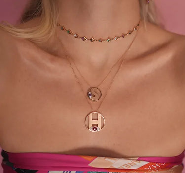 Letter H, Diamond Stone and Large Evil Eye Beaded Gold Necklace - Me Collection