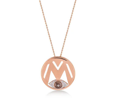Letter M, Diamond Stone and Large Evil Eye Beaded Gold Necklace - Me Collection