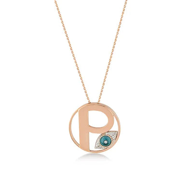Letter P, Diamond Stone and Large Evil Eye Beaded Gold Necklace - Me Collection