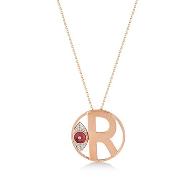 Letter R, Diamond Stone and Large Evil Eye Beaded Gold Necklace - Me Collection