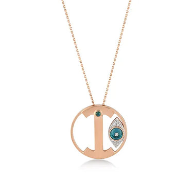 Letter I, Diamond Stone and Large Evil Eye Beaded Gold Necklace - Me Collection