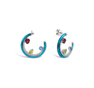 Multicolored, Blue Topaz, Green Peridot, Tourmaline and Diamond Blue Enamel Hoop Gold Earrings - Small Mini Ferris