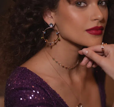 Gold Hoop Earrings with Blue Topaz (4.71 ct), Amethyst, Citrine, Green Peridot and Diamond Stones - Morocco