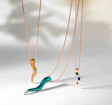 Diamond Stone, Blue Enamel Color Gold Necklace - Ocean Breeze