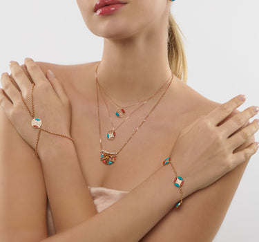 Gold Necklace with Coral and Turquoise Stones - Whispering Lotus