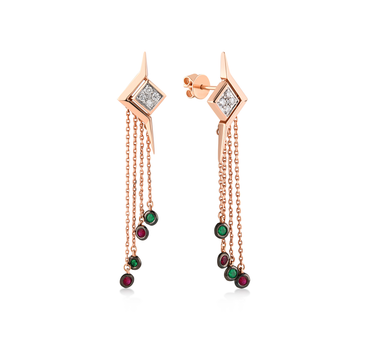 Gold Dangle Earrings with Diamond, Ruby and Emerald Stones - Pendulum