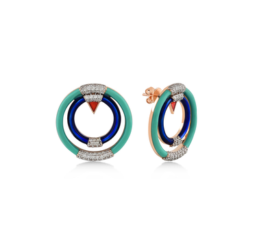 Colorful Enameled Gold Earrings with Diamond Stones - Pie