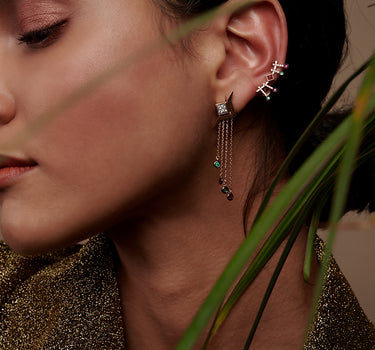 Gold Dangle Earrings with Diamond, Ruby and Emerald Stones - Pendulum