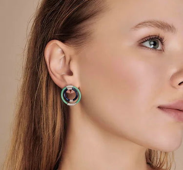 Colorful Enameled Gold Earrings with Diamond Stones - Pie