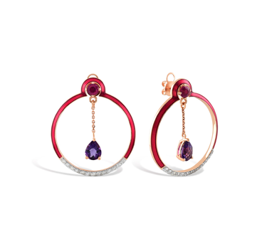 Red Enameled Gold Hoop Earrings with Amethyst, Ruby and Diamond Stones - Red Bell