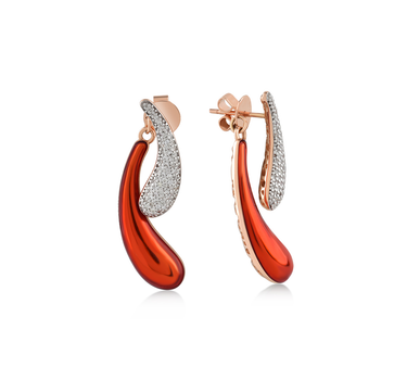 Gold Earrings with Diamond Stone and Orange Enamel - Red Drop