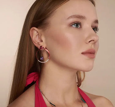 Red Enameled Gold Hoop Earrings with Amethyst, Ruby and Diamond Stones - Red Bell