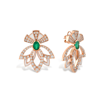 Emerald and Diamond Stone, White Enameled Gold Earrings - Rising Lotus