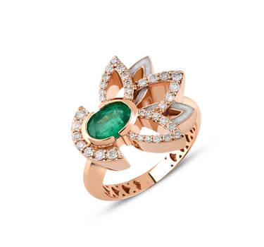 Emerald and Diamond Stone, White Enameled Gold Ring - Rising Lotus