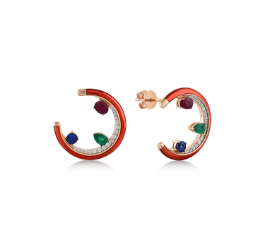 Orange Enameled Gold Hoop Earrings with Sapphire, Emerald, Ruby and Diamond Stones - Routine Breaker