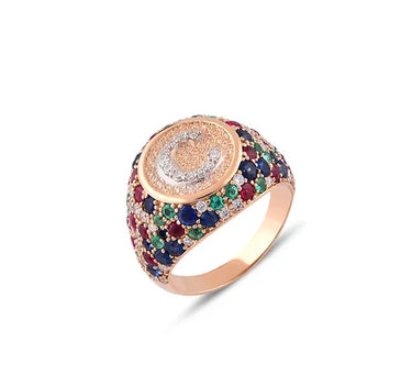 C Letter Gold Ring with Diamond, Sapphire, Ruby and Emerald Stones - Sacred Collection