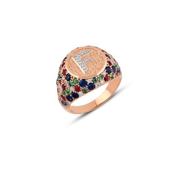 F Letter Gold Ring with Diamond, Sapphire, Ruby and Emerald Stones - Sacred Collection