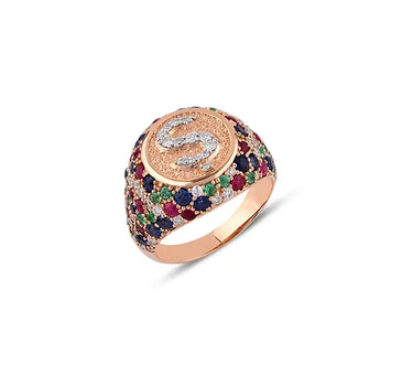 Diamond, Sapphire, Ruby and Emerald Letter S Gold Ring - Sacred Collection