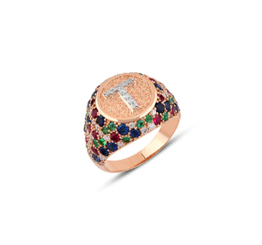 T Letter Gold Ring with Diamond, Sapphire, Ruby and Emerald Stones - Sacred Collection