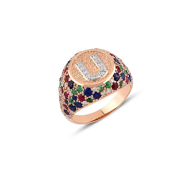 U Letter Gold Ring with Diamond, Sapphire, Ruby and Emerald Stones - Sacred Collection