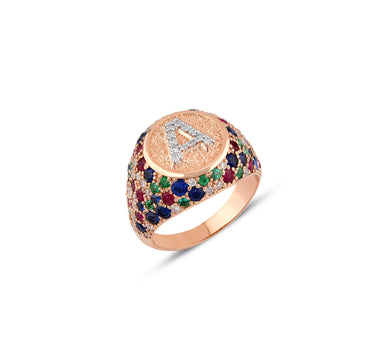 Diamond, Sapphire, Ruby and Emerald Letter A Gold Ring - Sacred Collection