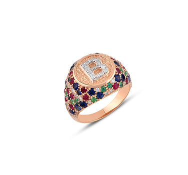 B Letter Gold Ring with Diamond, Sapphire, Ruby and Emerald Stones - Sacred Collection