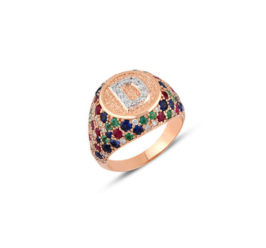 D Letter Gold Ring with Diamond, Sapphire, Ruby and Emerald Stones - Sacred Collection